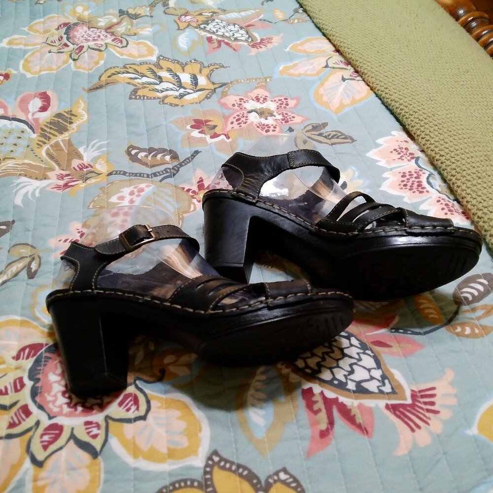 Black Leather Platform Heel Sandals - Women